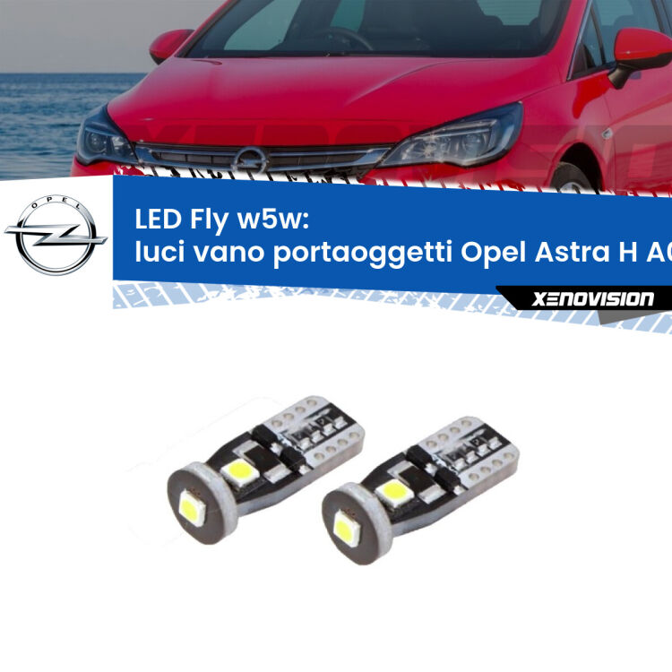 <strong>luci vano portaoggetti LED per Opel Astra H</strong> A04 2004 - 2014. Coppia lampadine <strong>w5w</strong> Canbus compatte modello Fly Xenovision.