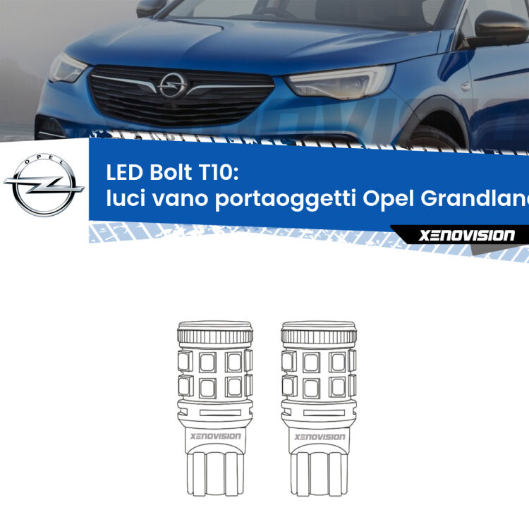 <strong>Luci Vano Portaoggetti LED per Opel Grandland</strong>  2017 in poi. Coppia lampade <strong>T10</strong> modello Bolt canbus.