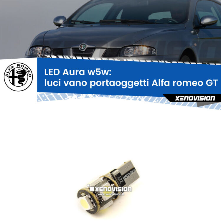 <strong>LED luci vano portaoggetti w5w per Alfa romeo GT</strong>  2003 - 2010. Una lampadina <strong>w5w</strong> canbus luce bianca 6000k modello Aura Xenovision.