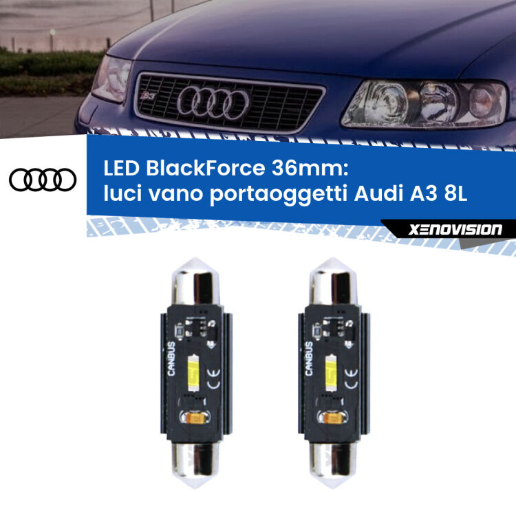 <strong>Luci Vano Portaoggetti LED per Audi A3</strong> 8L 1996 - 2003. Coppia lampade <strong>C5W</strong> 36mm modello BlackForce canbus.