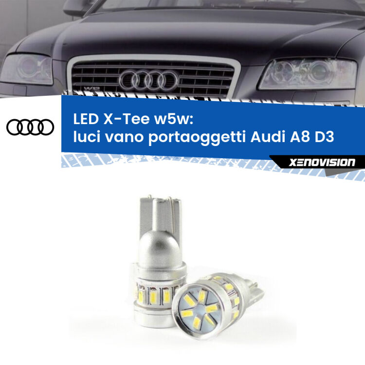 <strong>LED luci vano portaoggetti per Audi A8</strong> D3 2002 - 2009. Lampade <strong>W5W</strong> modello X-Tee Xenovision top di gamma.