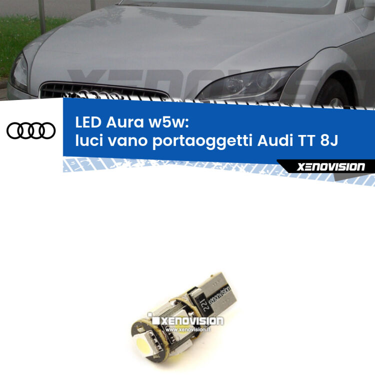 <strong>LED luci vano portaoggetti w5w per Audi TT</strong> 8J 2006 - 2014. Una lampadina <strong>w5w</strong> canbus luce bianca 6000k modello Aura Xenovision.