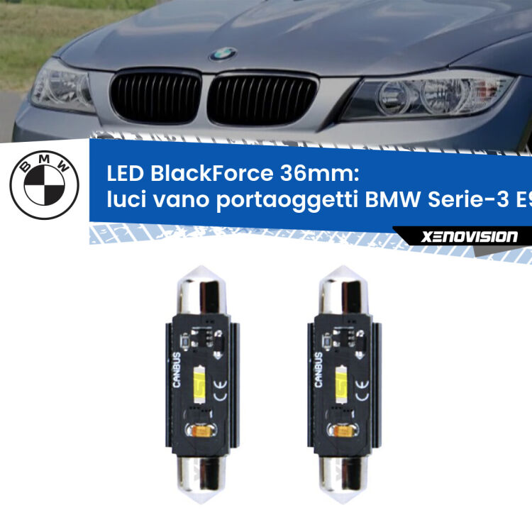 <strong>Luci Vano Portaoggetti LED per BMW Serie-3</strong> E90 2005 - 2011. Coppia lampade <strong>C5W</strong> 36mm modello BlackForce canbus.