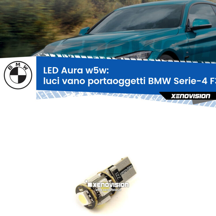 <strong>LED luci vano portaoggetti w5w per BMW Serie-4</strong> F32, F82 2013 - 2019. Una lampadina <strong>w5w</strong> canbus luce bianca 6000k modello Aura Xenovision.