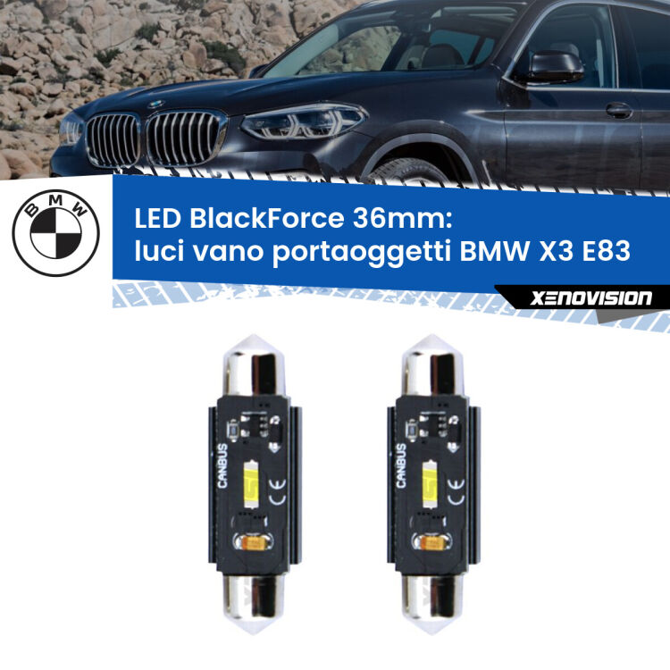 <strong>Luci Vano Portaoggetti LED per BMW X3</strong> E83 2003 - 2010. Coppia lampade <strong>C5W</strong> 36mm modello BlackForce canbus.