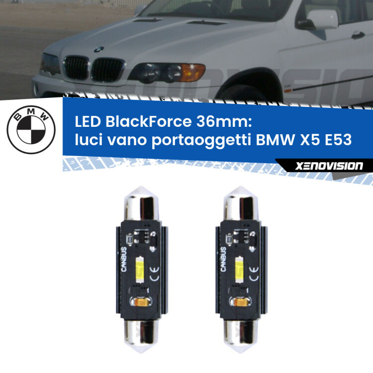 <strong>Luci Vano Portaoggetti LED per BMW X5</strong> E53 1999 - 2005. Coppia lampade <strong>C5W</strong> 36mm modello BlackForce canbus.