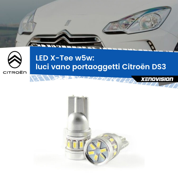 <strong>LED luci vano portaoggetti per Citroën DS3</strong>  2009 - 2015. Lampade <strong>W5W</strong> modello X-Tee Xenovision top di gamma.