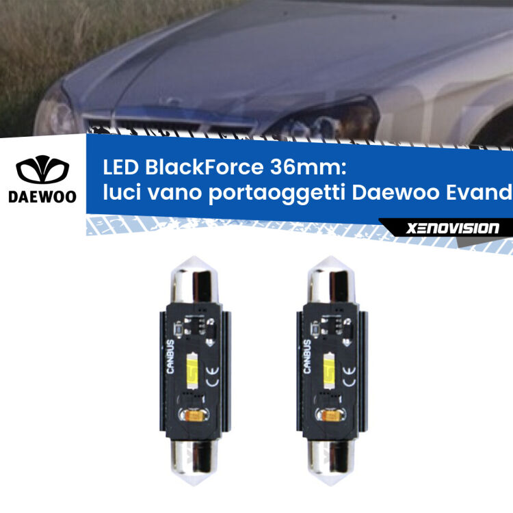 <strong>Luci Vano Portaoggetti LED per Daewoo Evanda</strong>  2002 - 2005. Coppia lampade <strong>C5W</strong> 36mm modello BlackForce canbus.