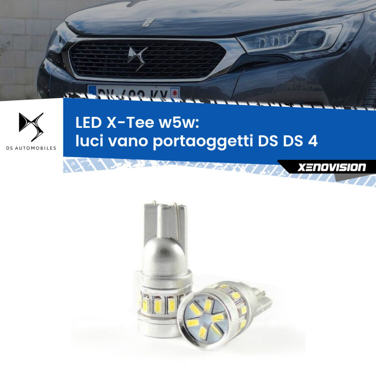 <strong>LED luci vano portaoggetti per DS DS 4</strong>  2015 in poi. Lampade <strong>W5W</strong> modello X-Tee Xenovision top di gamma.