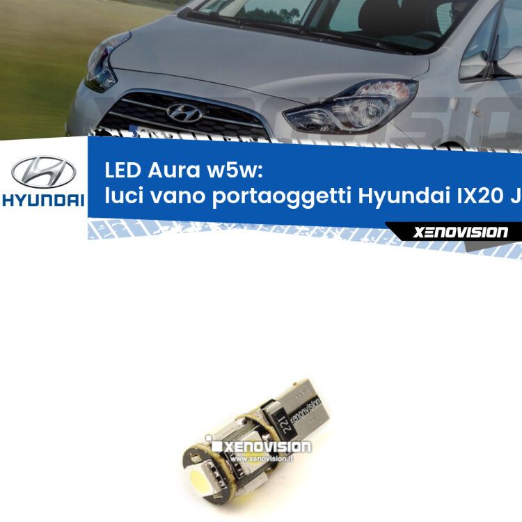 <strong>LED luci vano portaoggetti w5w per Hyundai IX20</strong> JC 2010 in poi. Una lampadina <strong>w5w</strong> canbus luce bianca 6000k modello Aura Xenovision.