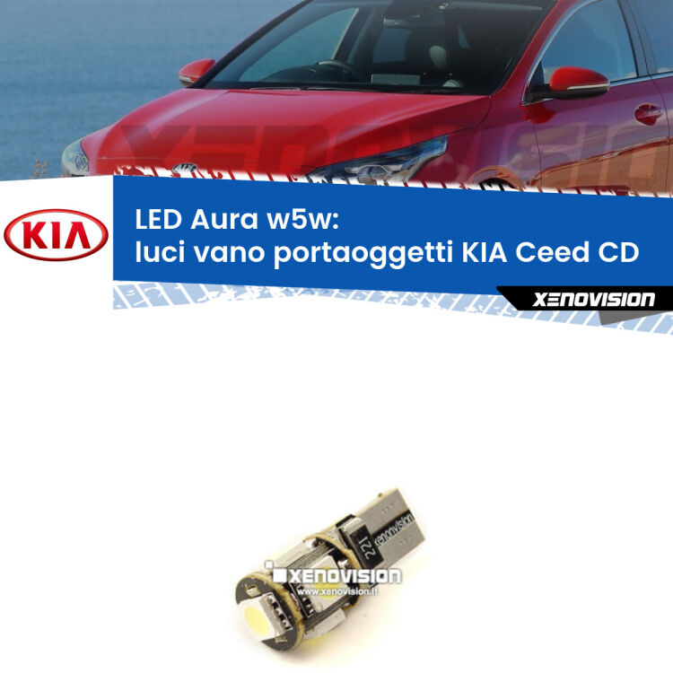 <strong>LED luci vano portaoggetti w5w per KIA Ceed</strong> CD 2018 in poi. Una lampadina <strong>w5w</strong> canbus luce bianca 6000k modello Aura Xenovision.