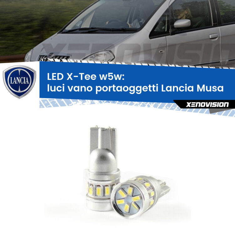 <strong>LED luci vano portaoggetti per Lancia Musa</strong>  2004 - 2012. Lampade <strong>W5W</strong> modello X-Tee Xenovision top di gamma.