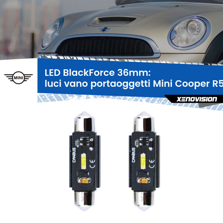 <strong>Luci Vano Portaoggetti LED per Mini Cooper</strong> R56 R57 2006 - 2013. Coppia lampade <strong>C5W</strong> 36mm modello BlackForce canbus.