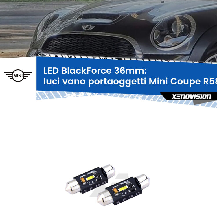 <strong>LED luci vano portaoggetti 36mm per Mini Coupe</strong> R58 2011 - 2015. Coppia lampadine <strong>C5W</strong>modello BlackForce Xenovision.