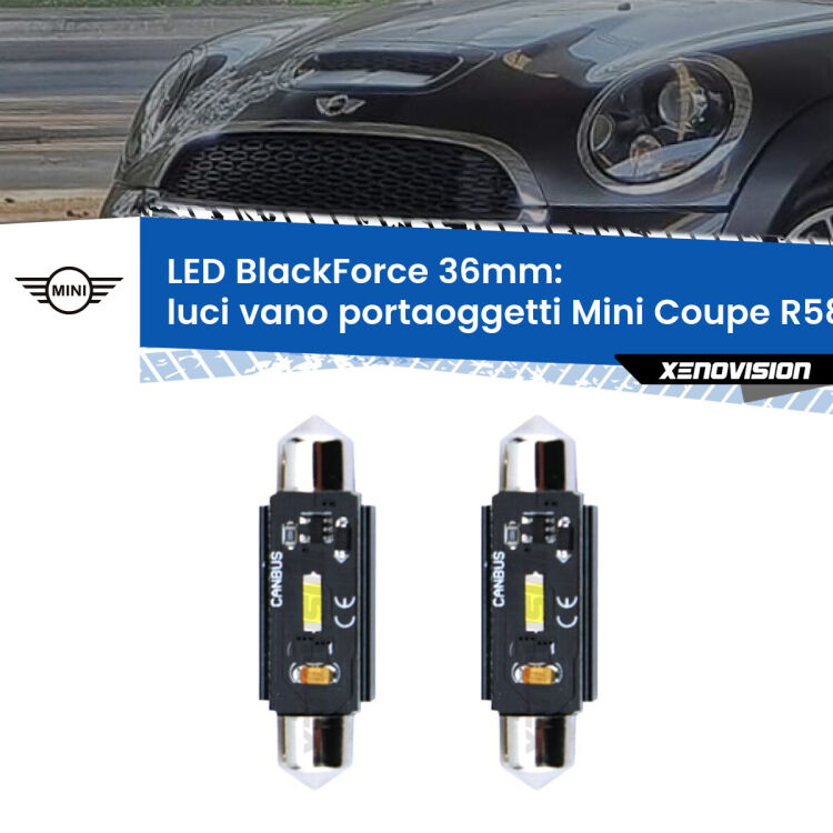 <strong>Luci Vano Portaoggetti LED per Mini Coupe</strong> R58 2011 - 2015. Coppia lampade <strong>C5W</strong> 36mm modello BlackForce canbus.