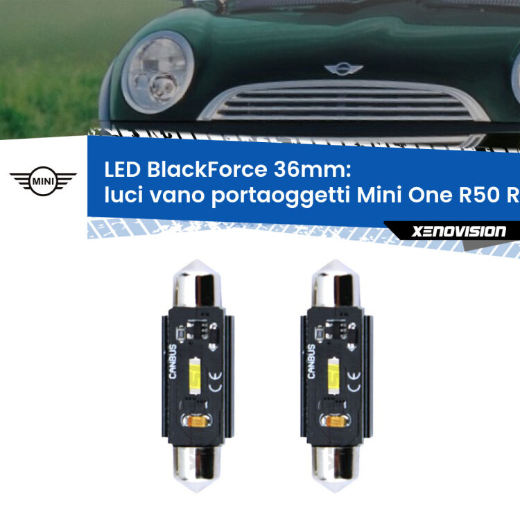 <strong>Luci Vano Portaoggetti LED per Mini One</strong> R50 R52 R53 2001 - 2006. Coppia lampade <strong>C5W</strong> 36mm modello BlackForce canbus.