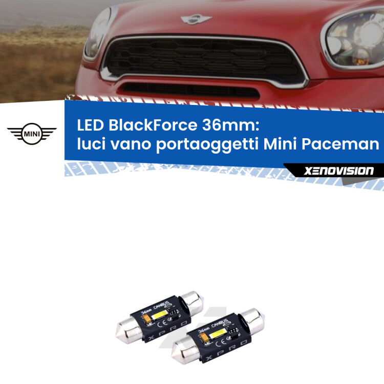 <strong>LED luci vano portaoggetti 36mm per Mini Paceman</strong> R61 2012 - 2016. Coppia lampadine <strong>C5W</strong>modello BlackForce Xenovision.