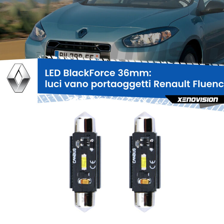 <strong>Luci Vano Portaoggetti LED per Renault Fluence</strong>  2010 - 2015. Coppia lampade <strong>C5W</strong> 36mm modello BlackForce canbus.