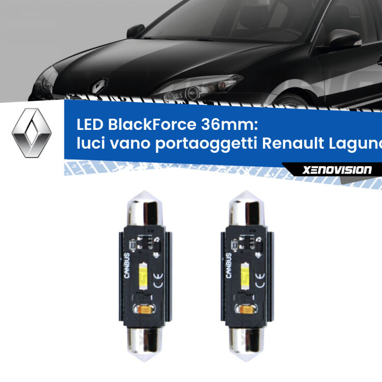 <strong>Luci Vano Portaoggetti LED per Renault Laguna II</strong> X74 2000 - 2006. Coppia lampade <strong>C5W</strong> 36mm modello BlackForce canbus.