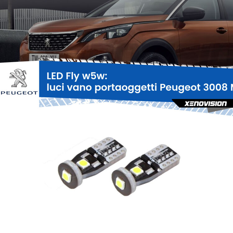 <strong>luci vano portaoggetti LED per Peugeot 3008</strong> Mk1 2008 - 2015. Coppia lampadine <strong>w5w</strong> Canbus compatte modello Fly Xenovision.