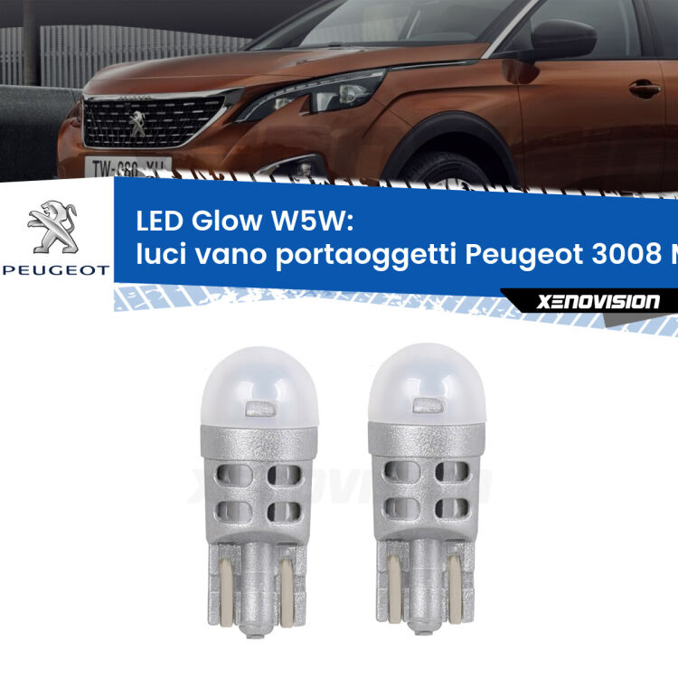 <strong>Luci Vano Portaoggetti LED luce calda per Peugeot 3008</strong> Mk1 2008 - 2015. Coppia lampade <strong>W5W</strong> modello Glow di Xenovision.