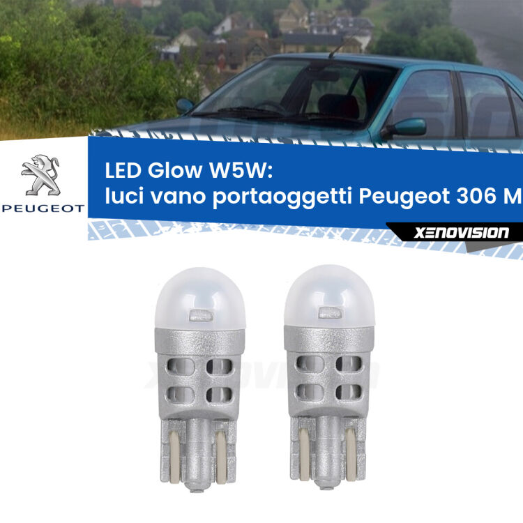 <strong>Luci Vano Portaoggetti LED luce calda per Peugeot 306</strong> Mk1 1993 - 2001. Coppia lampade <strong>W5W</strong> modello Glow di Xenovision.