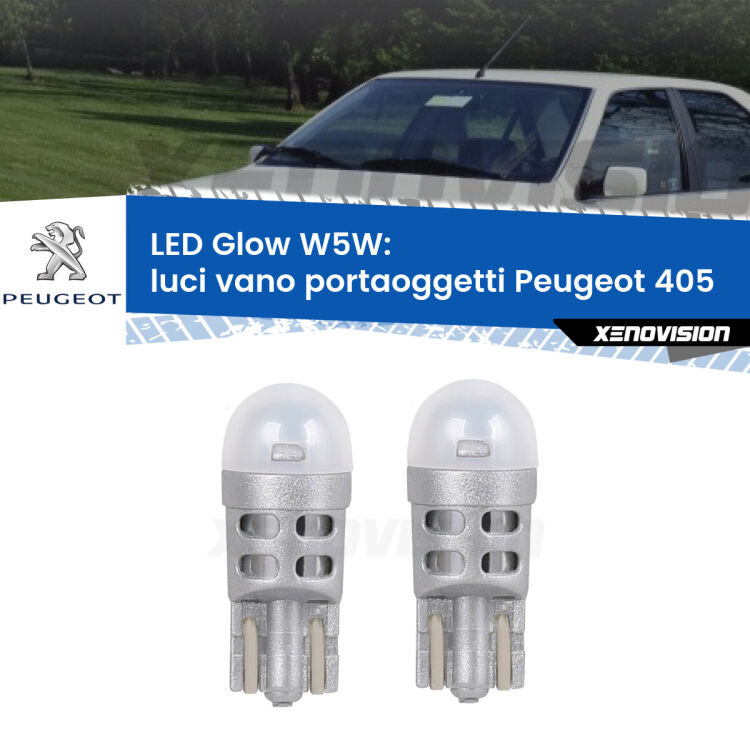 <strong>Luci Vano Portaoggetti LED luce calda per Peugeot 405</strong>  1987 - 1997. Coppia lampade <strong>W5W</strong> modello Glow di Xenovision.