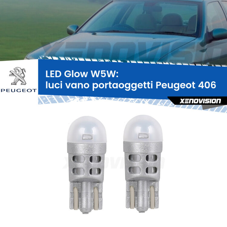 <strong>Luci Vano Portaoggetti LED luce calda per Peugeot 406</strong>  1995 - 2004. Coppia lampade <strong>W5W</strong> modello Glow di Xenovision.