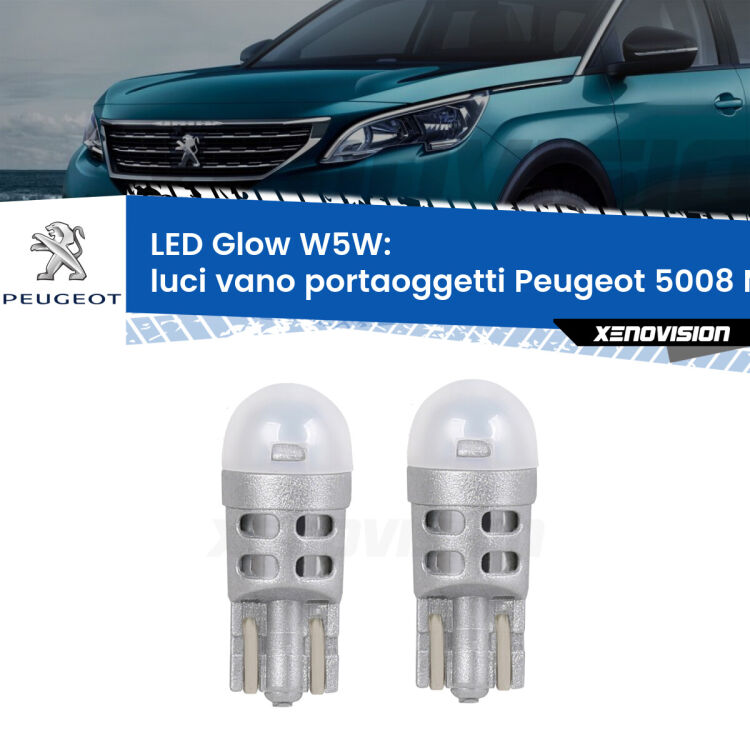 <strong>Luci Vano Portaoggetti LED luce calda per Peugeot 5008</strong> Mk1 2009 - 2016. Coppia lampade <strong>W5W</strong> modello Glow di Xenovision.