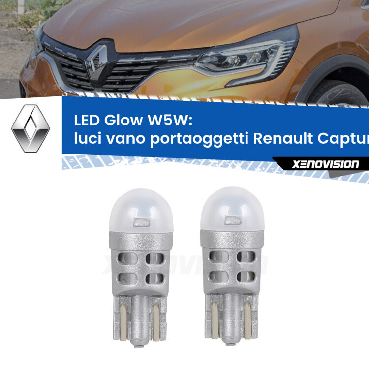 <strong>Luci Vano Portaoggetti LED luce calda per Renault Captur II</strong> JB/JE in poi. Coppia lampade <strong>W5W</strong> modello Glow di Xenovision.