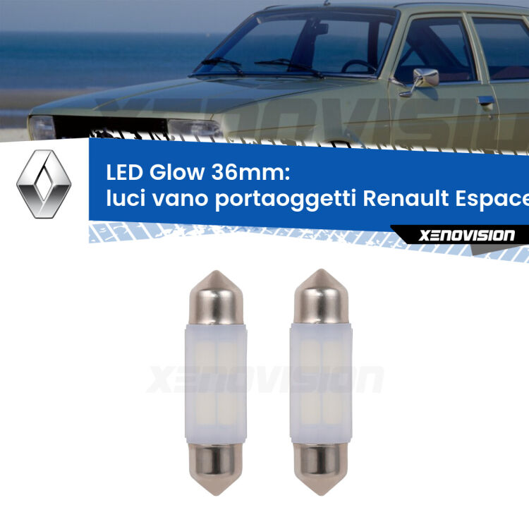 <strong>Luci Vano Portaoggetti LED luce calda per Renault Espace IV</strong> Mk4 2002 - 2006. Coppia lampade <strong>C5W</strong> 36mm modello Glow di Xenovision.