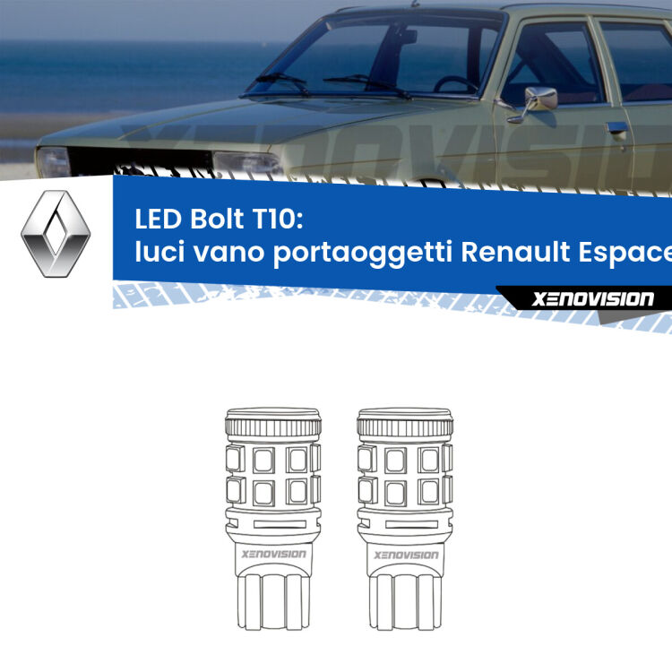 <strong>Luci Vano Portaoggetti LED per Renault Espace IV</strong> Mk4 2006 - 2015. Coppia lampade <strong>T10</strong> modello Bolt canbus.