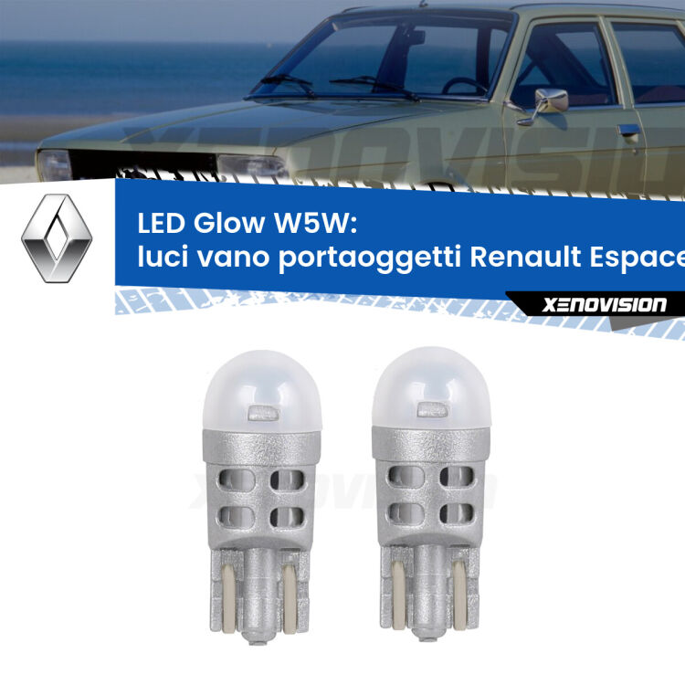 <strong>Luci Vano Portaoggetti LED luce calda per Renault Espace IV</strong> Mk4 2006 - 2015. Coppia lampade <strong>W5W</strong> modello Glow di Xenovision.