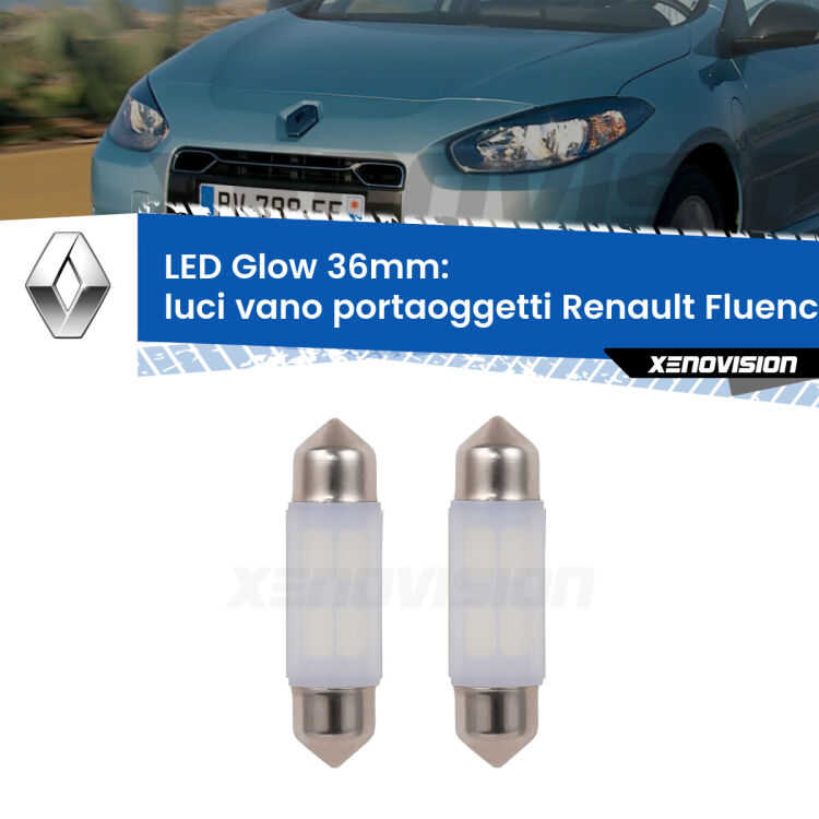 <strong>Luci Vano Portaoggetti LED luce calda per Renault Fluence</strong>  2010 - 2015. Coppia lampade <strong>C5W</strong> 36mm modello Glow di Xenovision.