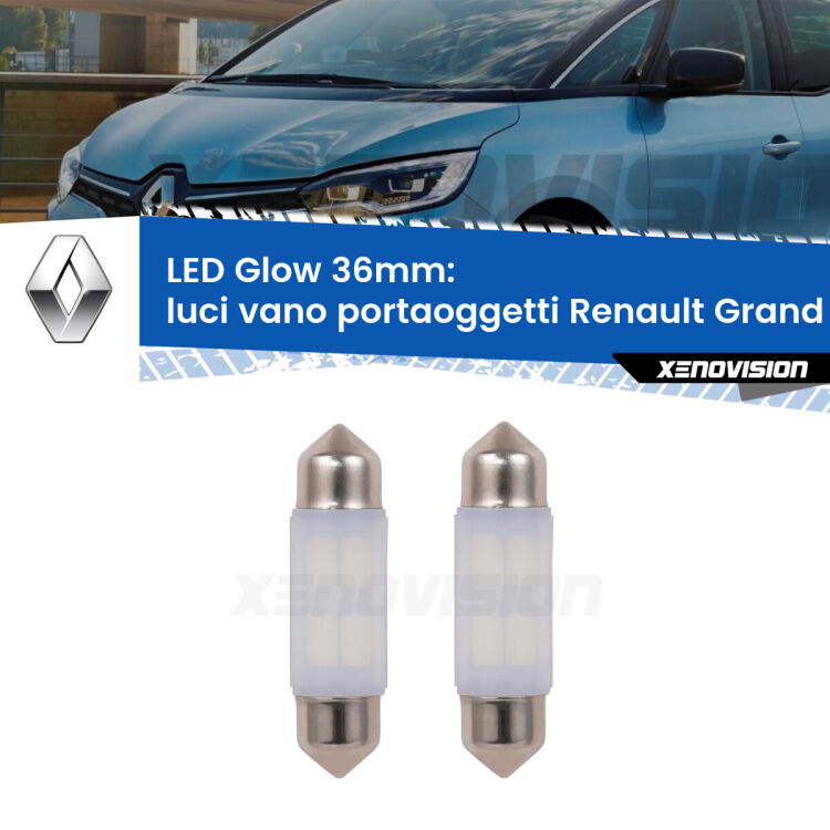 <strong>Luci Vano Portaoggetti LED luce calda per Renault Grand scenic III</strong> Mk3 2009 - 2015. Coppia lampade <strong>C5W</strong> 36mm modello Glow di Xenovision.