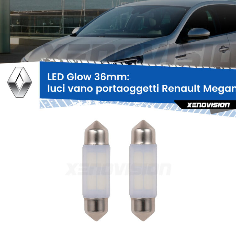 <strong>Luci Vano Portaoggetti LED luce calda per Renault Megane III</strong> Mk3 2008 - 2015. Coppia lampade <strong>C5W</strong> 36mm modello Glow di Xenovision.