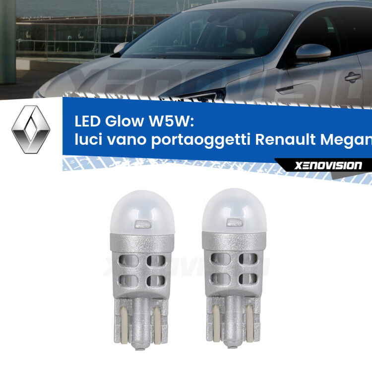 <strong>Luci Vano Portaoggetti LED luce calda per Renault Megane IV</strong> Mk4 2016 in poi. Coppia lampade <strong>W5W</strong> modello Glow di Xenovision.