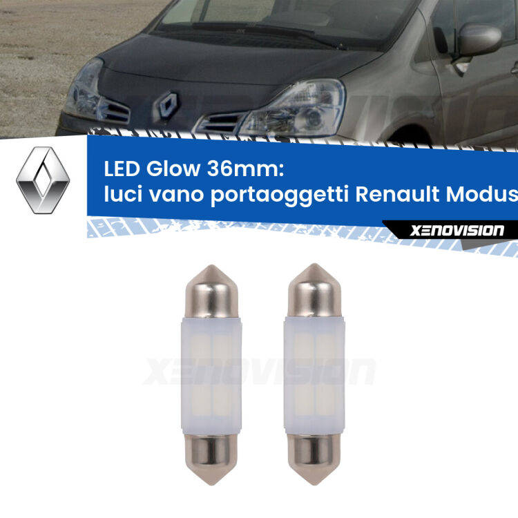 <strong>Luci Vano Portaoggetti LED luce calda per Renault Modus</strong>  2004 - 2012. Coppia lampade <strong>C5W</strong> 36mm modello Glow di Xenovision.