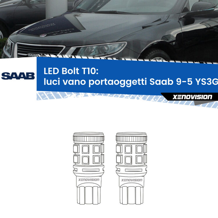 <strong>Luci Vano Portaoggetti LED per Saab 9-5</strong> YS3G 2010 - 2012. Coppia lampade <strong>T10</strong> modello Bolt canbus.