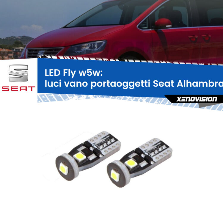 <strong>luci vano portaoggetti LED per Seat Alhambra</strong> 7M 1996 - 2010. Coppia lampadine <strong>w5w</strong> Canbus compatte modello Fly Xenovision.