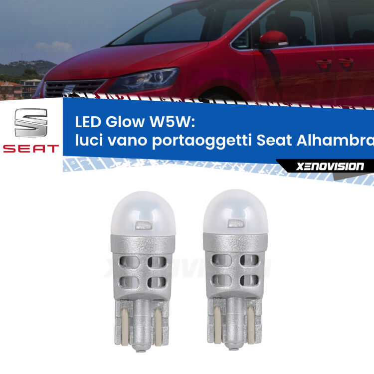 <strong>Luci Vano Portaoggetti LED luce calda per Seat Alhambra</strong> 7M 1996 - 2010. Coppia lampade <strong>W5W</strong> modello Glow di Xenovision.