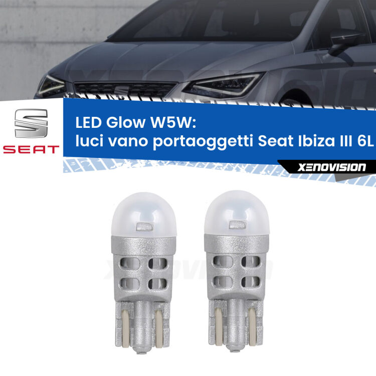 <strong>Luci Vano Portaoggetti LED luce calda per Seat Ibiza III</strong> 6L 2002 - 2009. Coppia lampade <strong>W5W</strong> modello Glow di Xenovision.