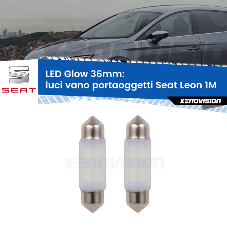 <strong>Luci Vano Portaoggetti LED luce calda per Seat Leon</strong> 1M 1999 - 2006. Coppia lampade <strong>C5W</strong> 36mm modello Glow di Xenovision.