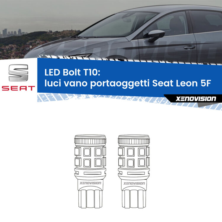 <strong>Luci Vano Portaoggetti LED per Seat Leon</strong> 5F 2012 in poi. Coppia lampade <strong>T10</strong> modello Bolt canbus.