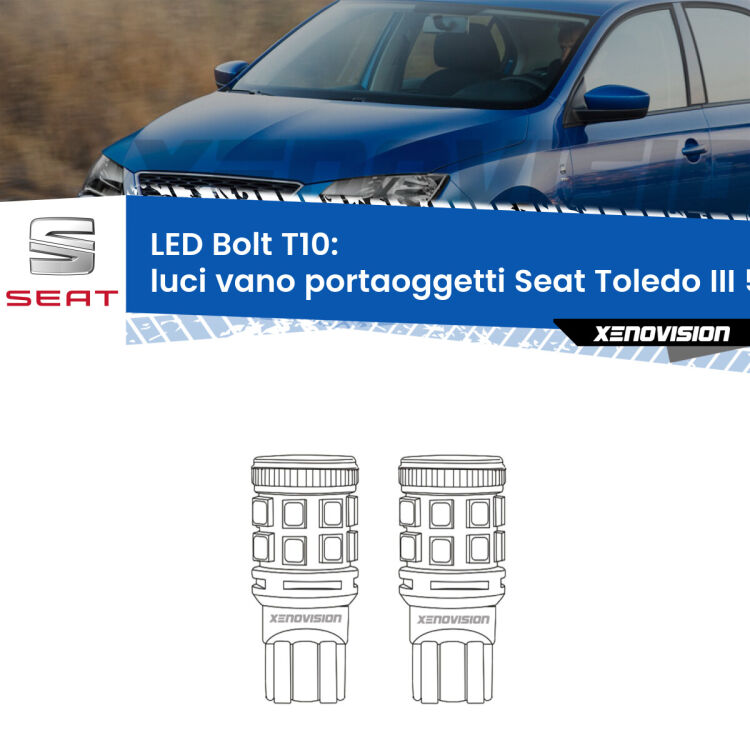 <strong>Luci Vano Portaoggetti LED per Seat Toledo III</strong> 5P 2004 - 2009. Coppia lampade <strong>T10</strong> modello Bolt canbus.