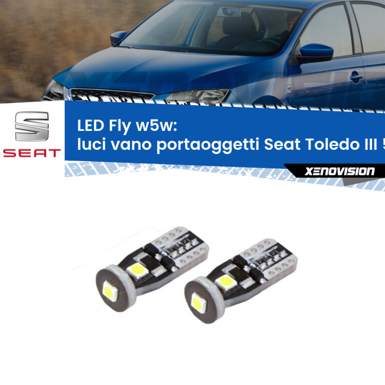 <strong>luci vano portaoggetti LED per Seat Toledo III</strong> 5P 2004 - 2009. Coppia lampadine <strong>w5w</strong> Canbus compatte modello Fly Xenovision.