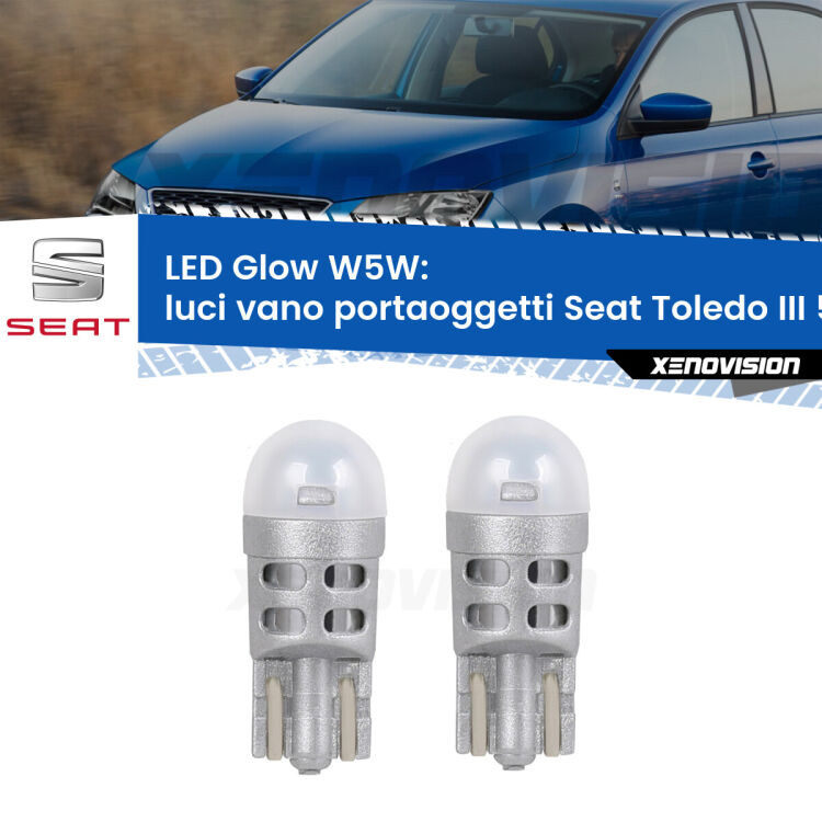 <strong>Luci Vano Portaoggetti LED luce calda per Seat Toledo III</strong> 5P 2004 - 2009. Coppia lampade <strong>W5W</strong> modello Glow di Xenovision.