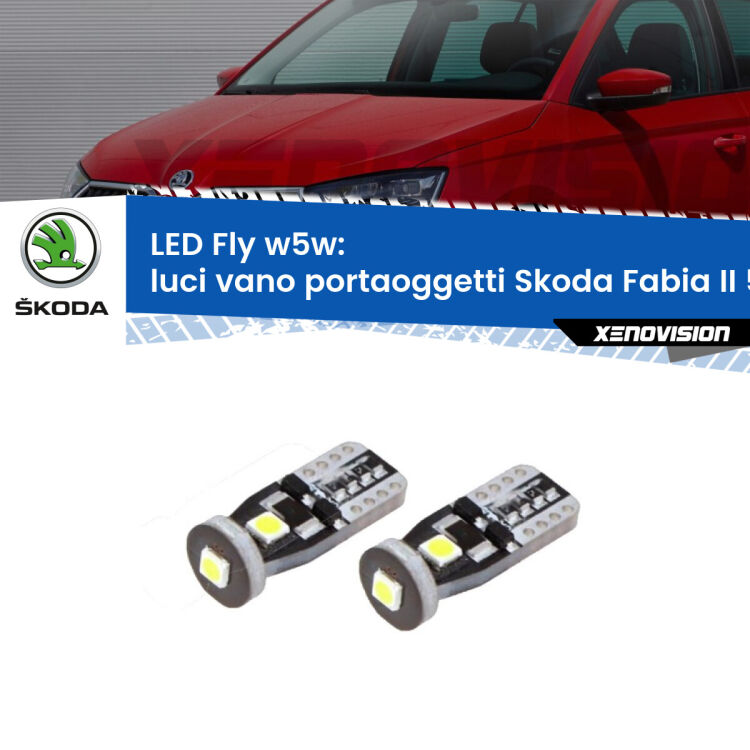 <strong>luci vano portaoggetti LED per Skoda Fabia II</strong> 5J 2006 - 2014. Coppia lampadine <strong>w5w</strong> Canbus compatte modello Fly Xenovision.