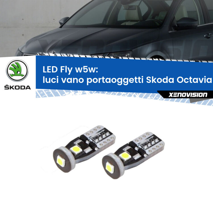 <strong>luci vano portaoggetti LED per Skoda Octavia III</strong> 5E 2012 - 2018. Coppia lampadine <strong>w5w</strong> Canbus compatte modello Fly Xenovision.