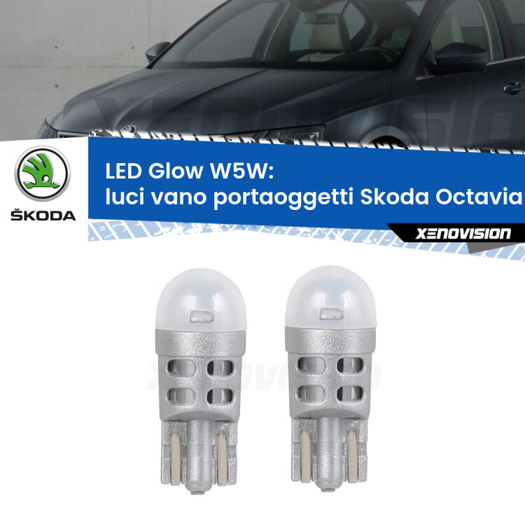 <strong>Luci Vano Portaoggetti LED luce calda per Skoda Octavia III</strong> 5E 2012 - 2018. Coppia lampade <strong>W5W</strong> modello Glow di Xenovision.